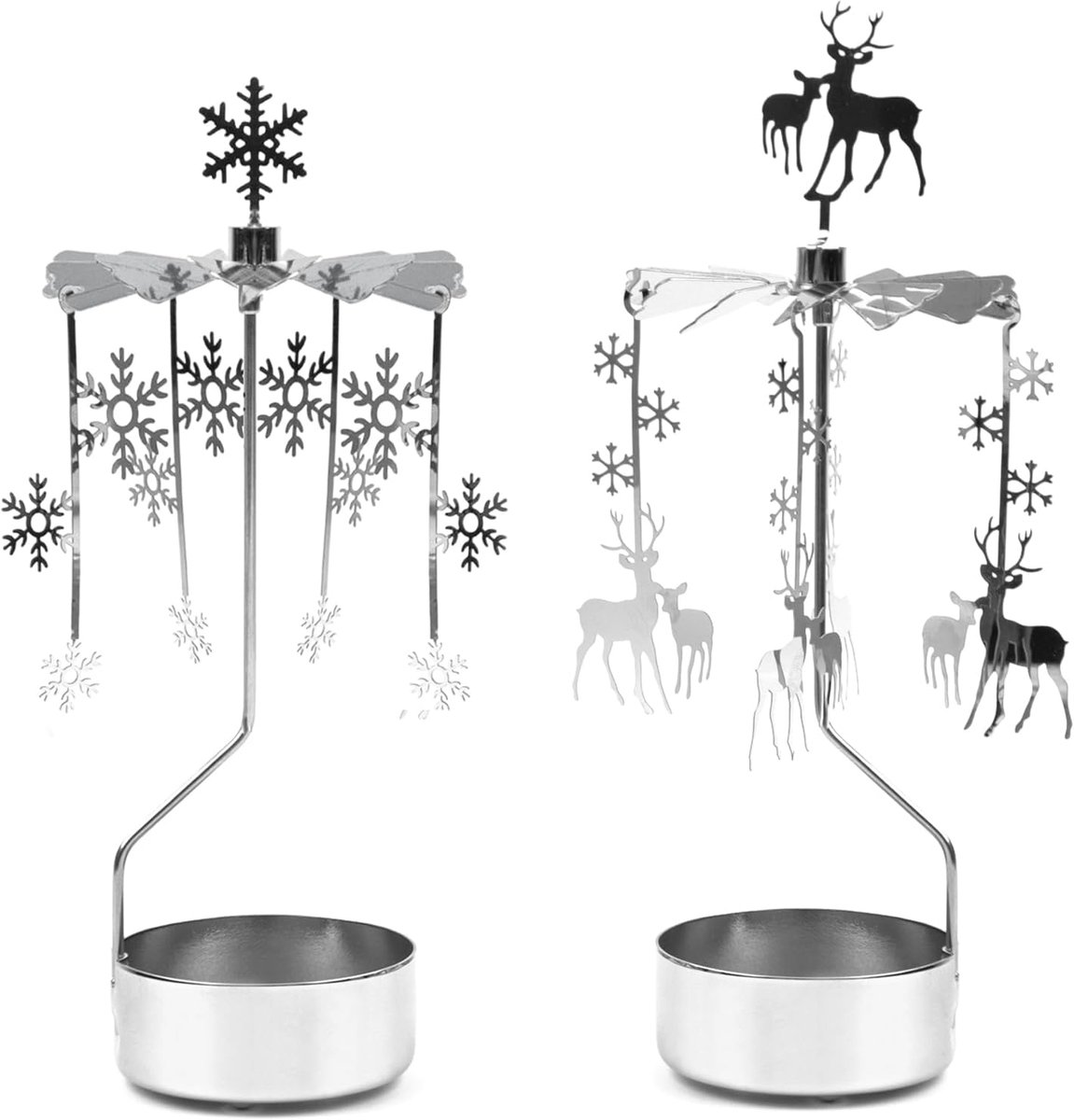 Draaiende Kaarsenhouder - Set van 2 - Zilveren Sneeuwdeer - Ideaal voor Feestdagen - ShopVlot