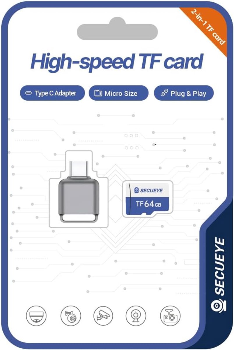 TF Geheugenkaart 64GB - Type C Adapter - C10 Snelheid - Geschikt voor camera's - ShopVlot