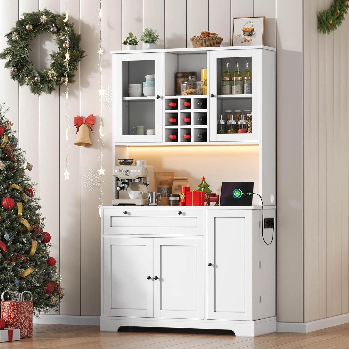 Keukenkast met Werkblad - Buffetkast Keuken - Keuken Organiseren - Geïntegreerde Stopcontacten - 105x40x180 cm - Wit