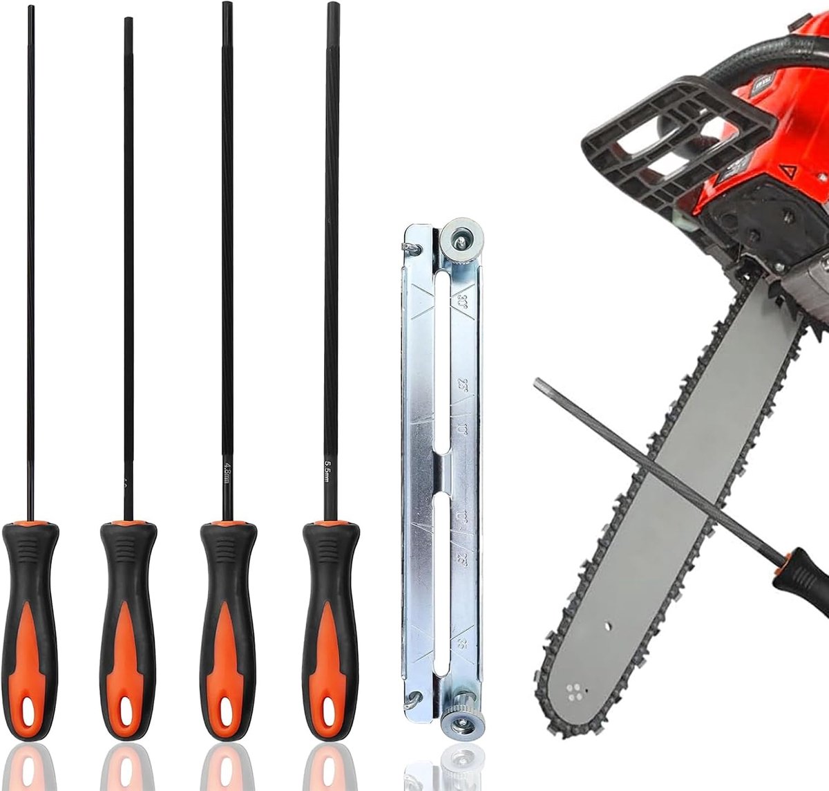kettingzaag vijlen set 4-delig - rond vijl 3.2/4.0/4.8/5.5 mm - met handvat en geleider - voor nauwkeurig slijpen - SnelShoppen