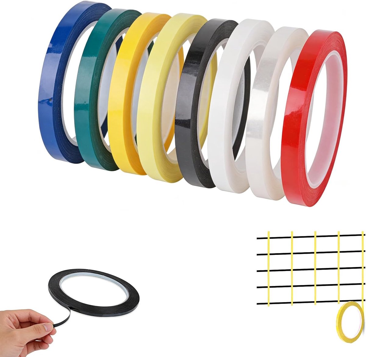 Markeertape Whiteboard – 8 Rollen 5 mm x 50 m – PET Isolatietape in 6 Kleuren – Waterdicht – Decoratief voor - SnelShoppen