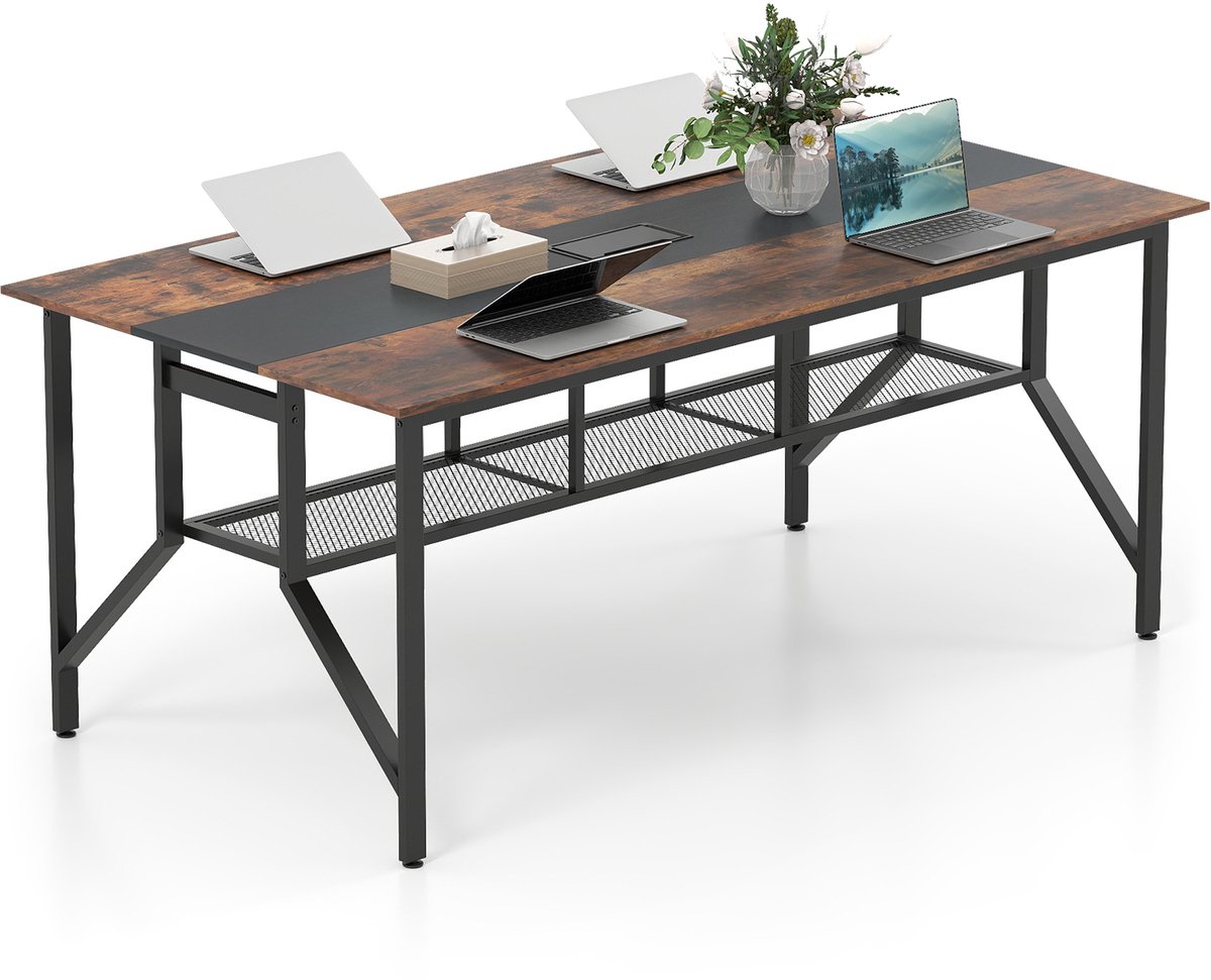 COSTWAY Grote vergadertafel, rechthoekige vergadertafel met mesh-opbergvak en kabeldoorvoer voor 6-8 personen, industriële semintafel voor kantoor, eetkamer, 180 x 96 x 76 cm (model 1)