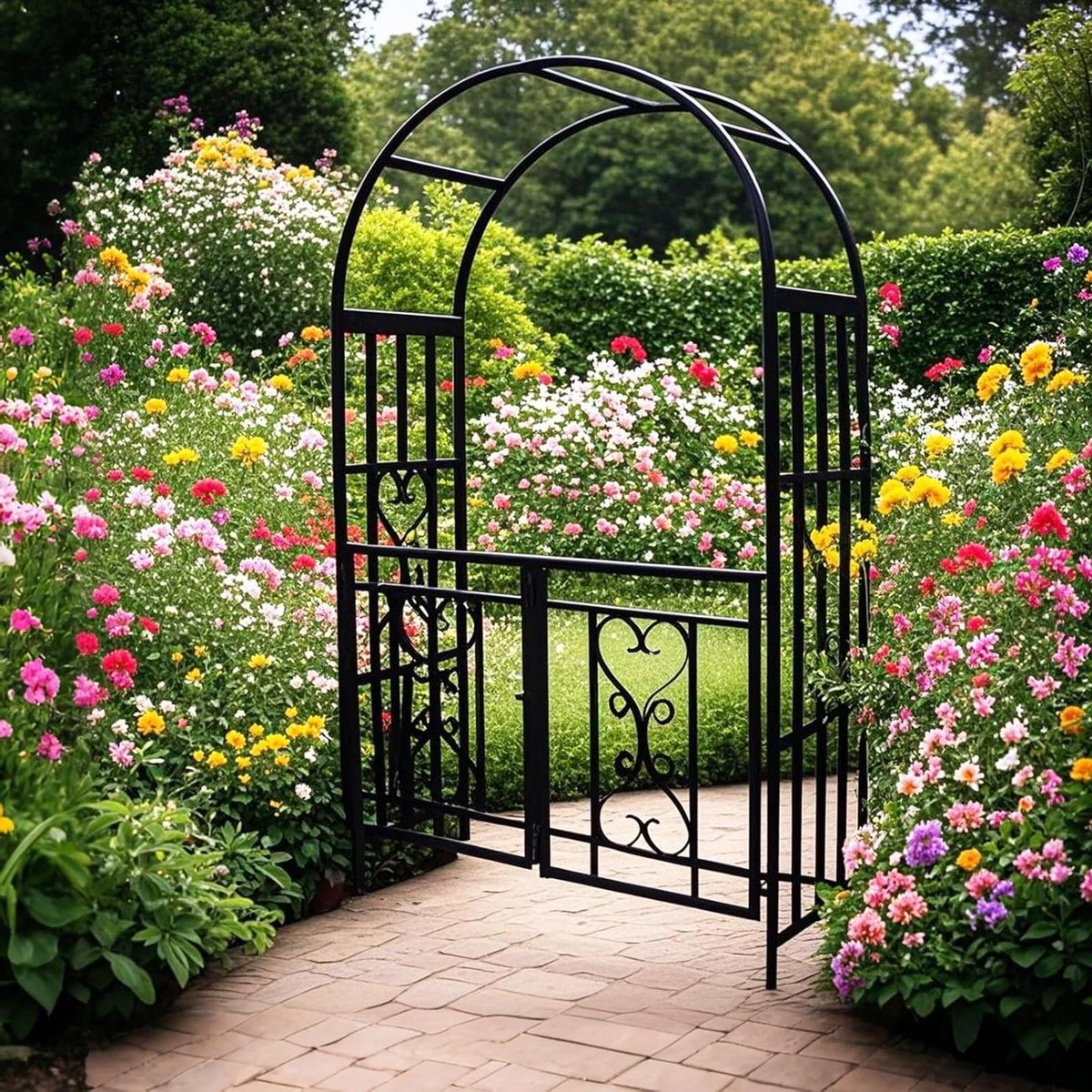 Rozenboog met Poort - Tuinboog Pergola - Planten Ondersteunen - Gegalvaniseerd Staal - 210 cm Hoog - Zwart