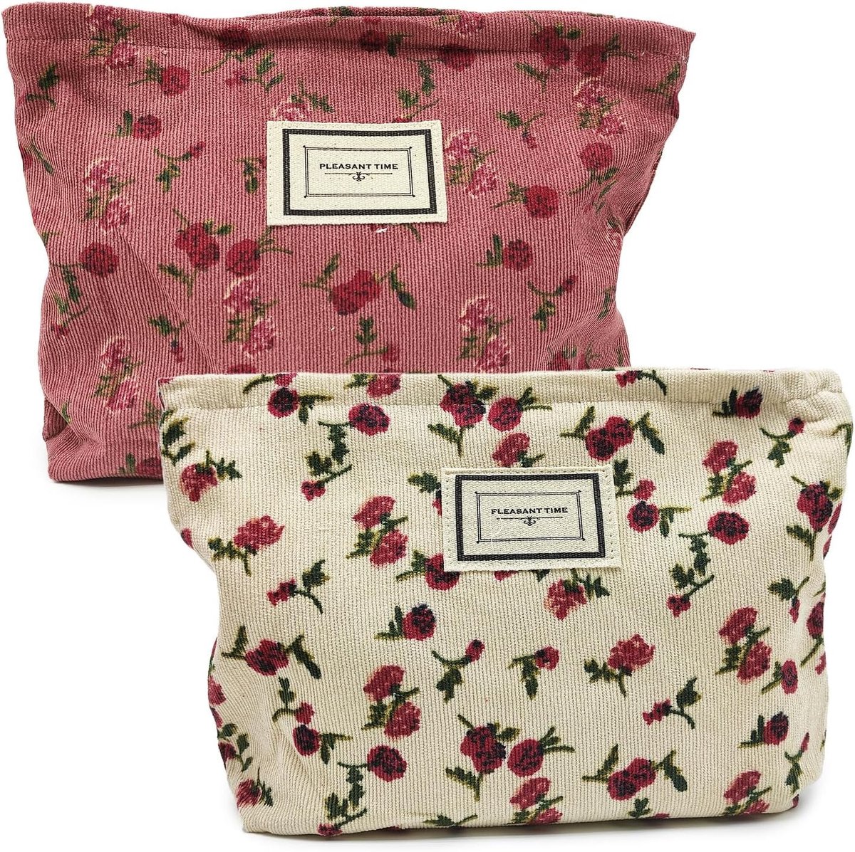 Cosmetic Bag 2 Stuks - Roze Bloemenprint - Corduroy Toilettas - Perfect voor Organisatie - SnelShoppen