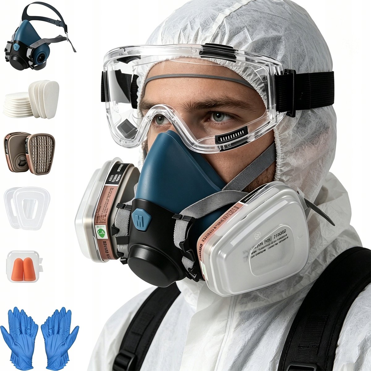 Professionele stoffen maskerset met filters en veiligheidsbril