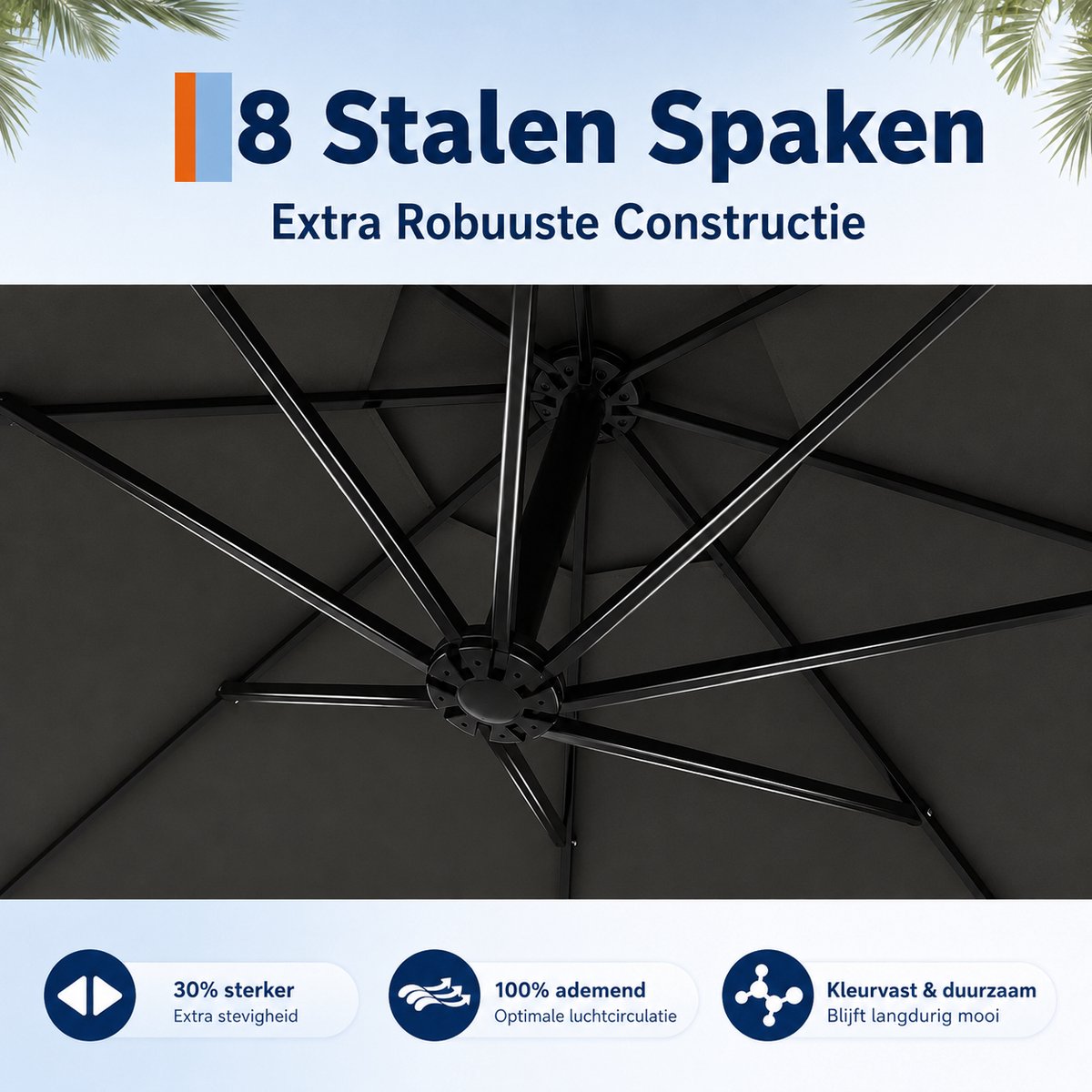 DeltaMerch Zweefparasol - Draaibare Parasol - Kantelbaar - UV werend doek - Incl. kruisvoet en beschermhoes - 300x 300cm - Grijs – foto 2
