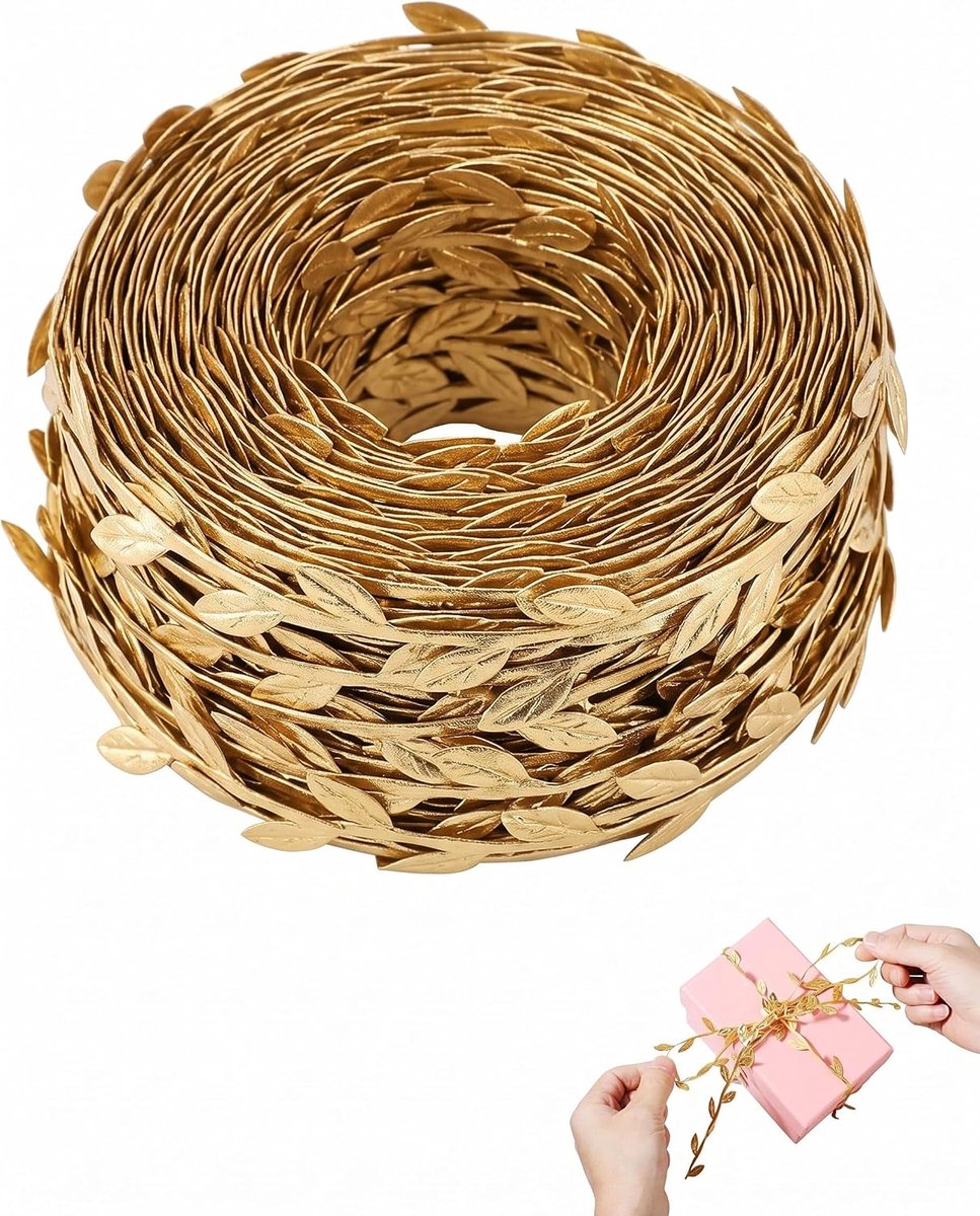 Cadeaulint, 20 m, decoratief lint met bladpatroon, duurzaam en krasbestendig voor gouden bruiloften, elegante tafellopers, feestelijke decoraties en geschenken