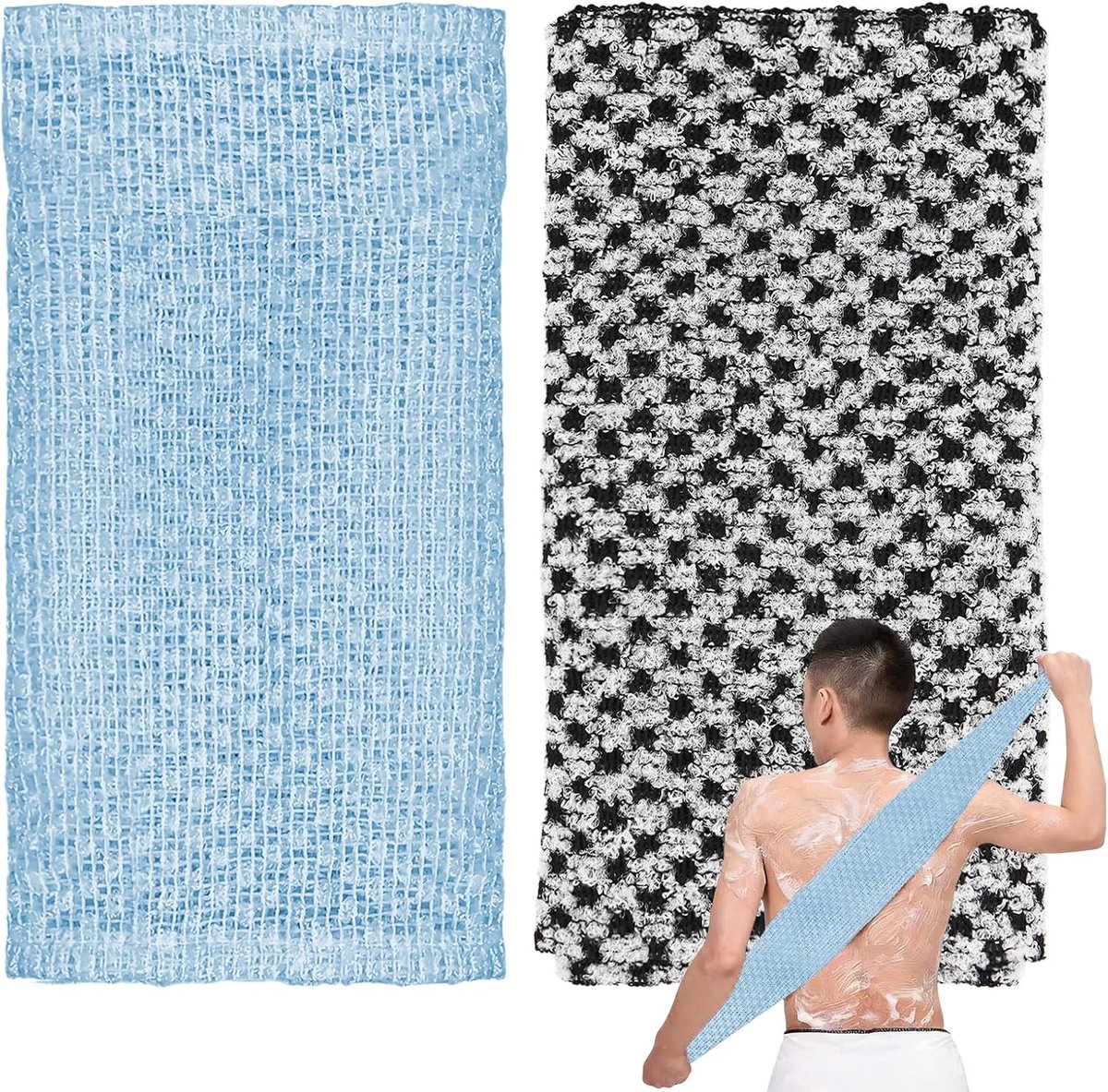 2-delige Japanse scrubset, extra lange peelingdoek, peeling washandje voor diepe reiniging/massage, douche, rugwas (blauw, zwart)
