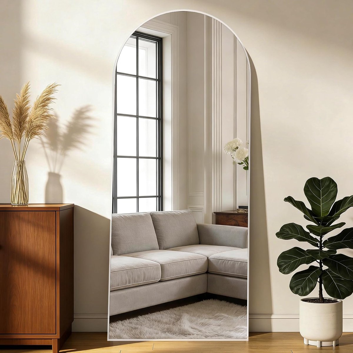 Vloerspiegel, 165 x 60 cm Wit boog volledige lengte spiegel met standaard, grote wandspiegel, full body spiegel, staande opknoping of leunend tegen muur voor slaapkamer entree
