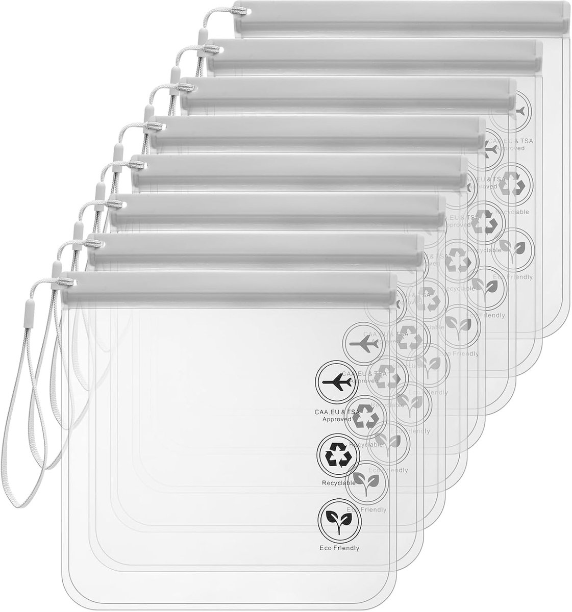 8 stuks transparante toilettas, 1 liter, vloeistofzak met draaggreep (20 x 20 cm), TSA-goedgekeurde, waterdichte make-uptas voor dames en heren, reisaccessoires voor handbagage, grijs, 20x20 cm