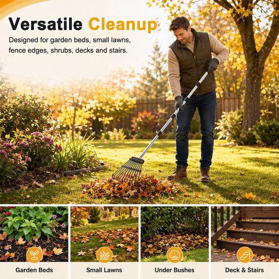 11 tanden van metaal, bladhark, met verstelbare handgreep, 90 tot 194 cm, hark voor tuin, gazon, binnenplaats, kunstgras — afbeelding 4