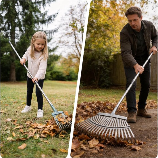 Hark Tuin, 25+11 tanden bladhark met metalen steel, verstelbare steel (70-185 cm), tuin bladhark voor het losmaken van de grond en nivelleren van gazon, gazonhark, hooihark incl. 2 handschoenen — afbeelding 5