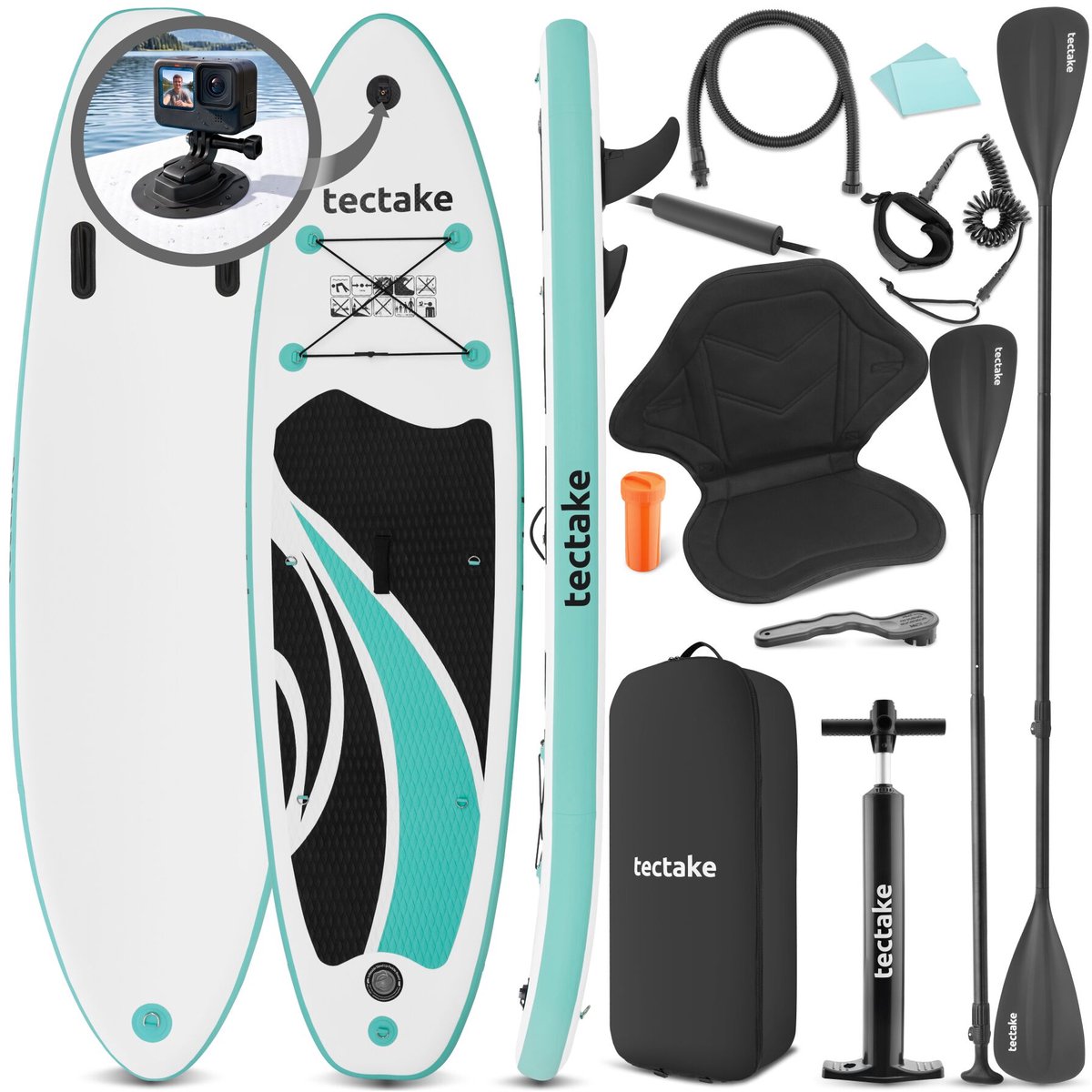 tectake® Stand-Up Paddle Board met Camerabevestiging - 2-in-1 SUP Plank - Opblaasbaar - Stabiel - 288 x 77 x 22,5 cm - Ook als Kajak - Max 200kg - Aqua - Complete SUP set met Zitje en Camera Mount