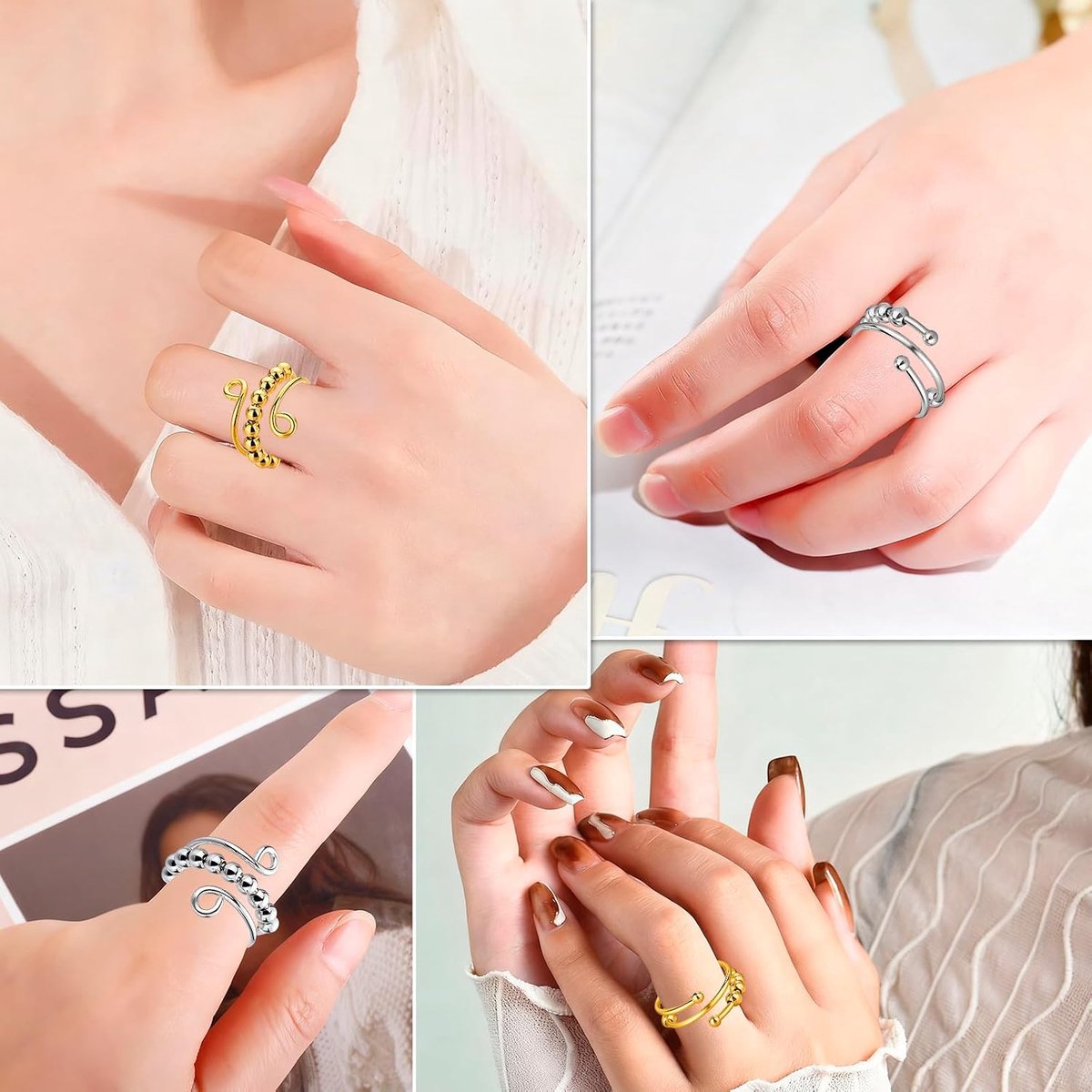 Set van 4 verstelbare anti-stress ringen met 4 stuks acupressuurring, fidget-ring, angstring, vaardigheidsringen, voor meisjes en vrouwen, stressvermindering angst