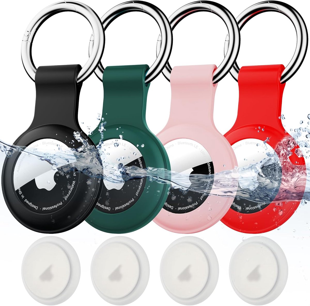 4-pack IPX8 waterdichte AirTag sleutelhanger, met zachte siliconen houder sleutelring, lichtgewicht, krasbestendig, eenvoudige installatie, full-body schokbestendige Air Tag houder voor bagage,