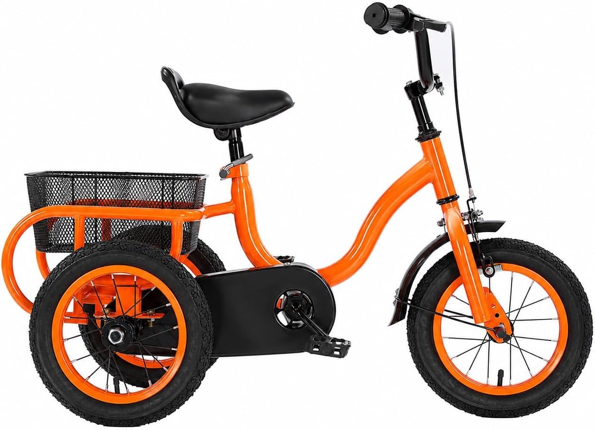 Kinderdriewieler in 12 inch, kinderfiets met ingangsversnelling, driewieler belastbaar tot 25 kg, kinderstep met antislip pedalen, stabiel driewieler frame, voor kinderen, peuters (oranje)