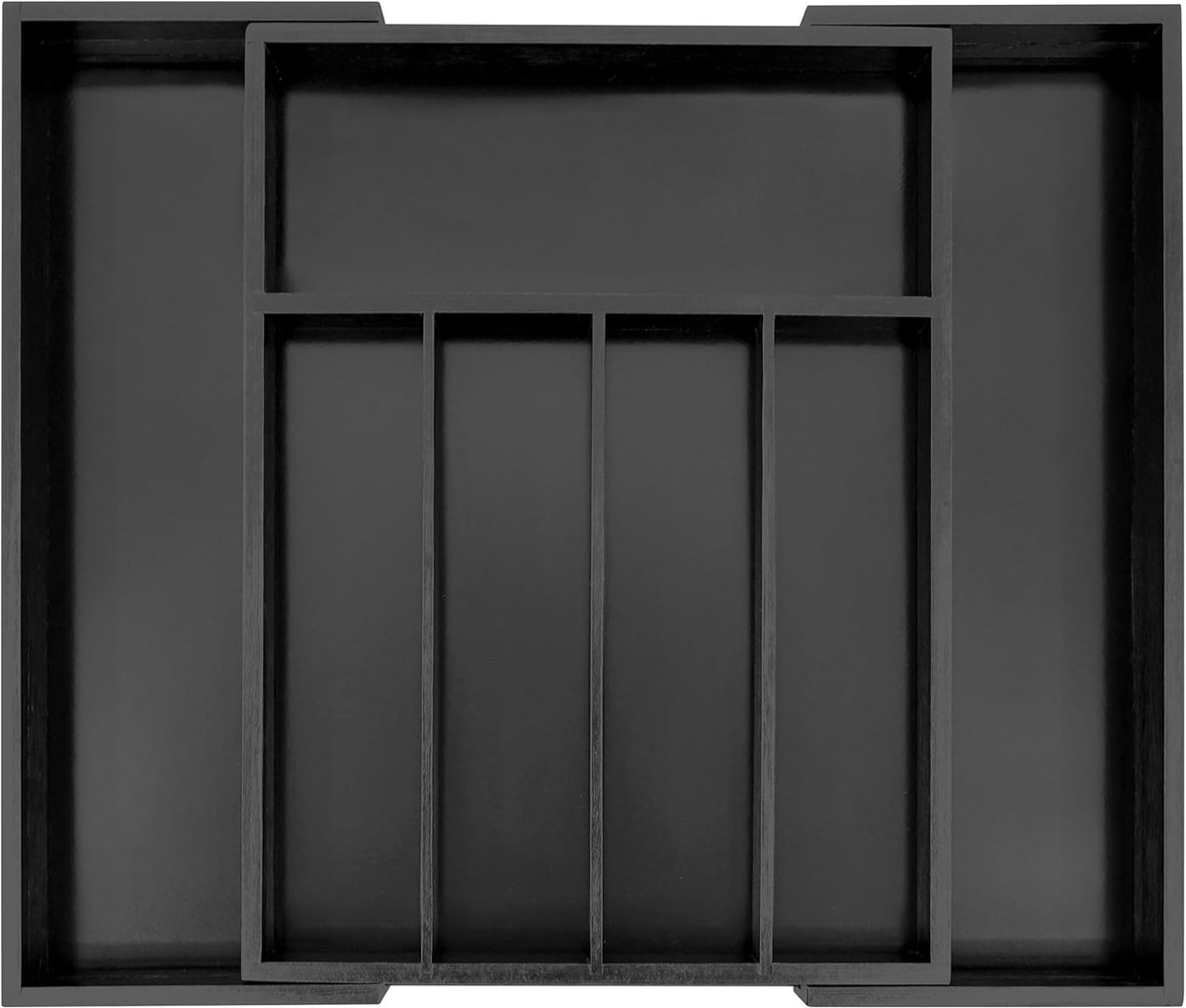 Bamboe zilverwerk organizer, uitbreidbare keukenlade organizer voor bestek, houten gebruiksvoorwerpenhouder, multifunctionele lade opslag (zwart)
