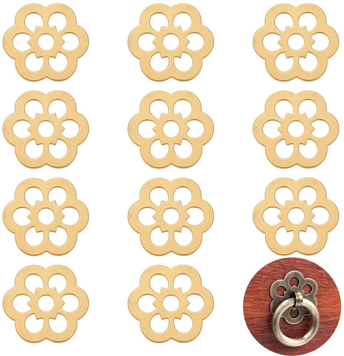 PandaHall 12 stuks messing sluitringen, gouden platte sluitringen in bloemenvorm, 3,2 cm, decoratieve afdichting, klassieke meubelversiering voor kasten, laden en kledingkasten