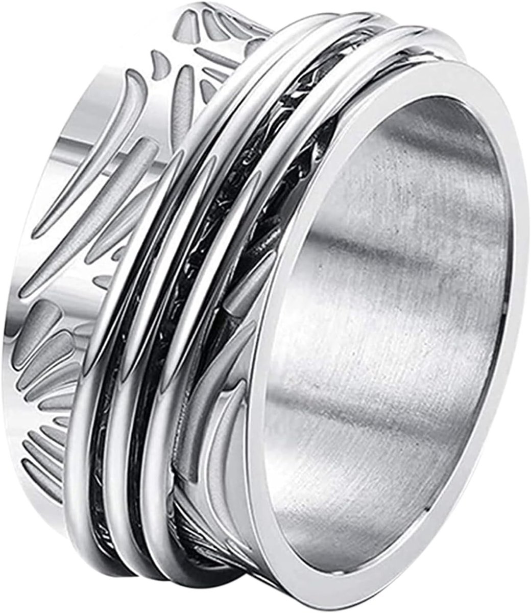 Fidget angstring: vintage anti-stress angst zilveren damesring roestvrij staal roterende angstring tegen angst band ring voor stressbeheersing cadeau voor vrouwen vriendin ring, 64, Stahl