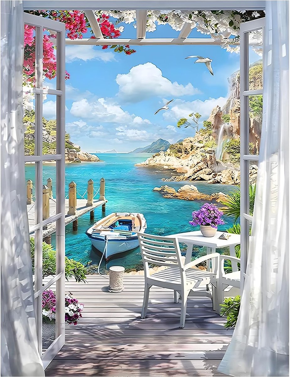 Diamond Art Painting Kits Adults Seaside Terrace, 5D Seaside Terrace Diamond Painting for Beginners, Gem Art Kits for Adults for Home Wall Decor 30 x 40 cm