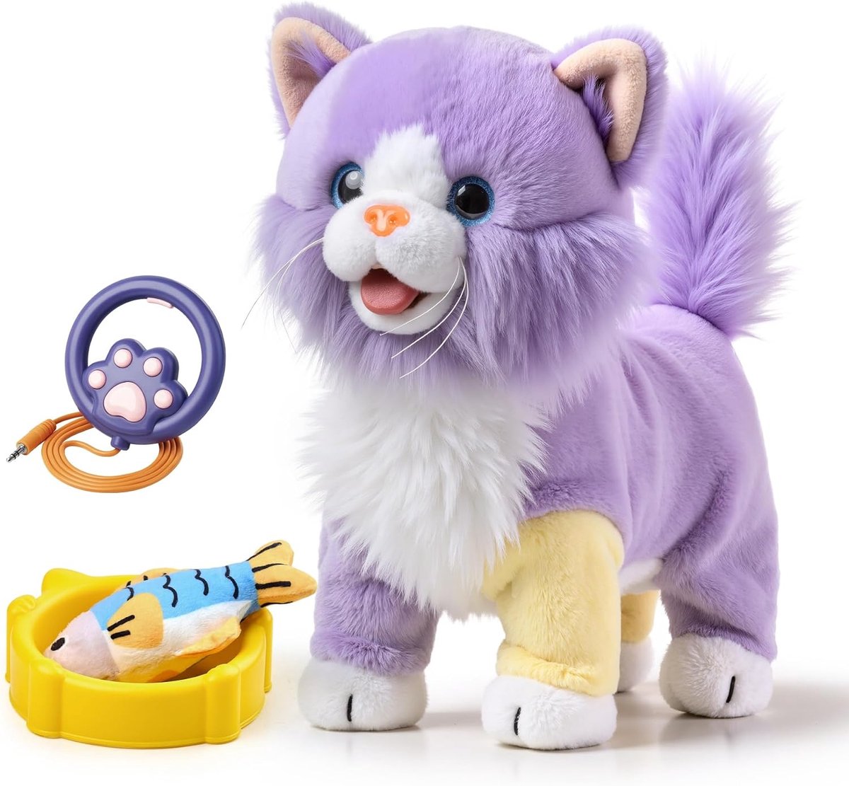OR TU Speelgoed Kat die Loopt en Miauwt voor Kinderen, Elektronische Pluchen Kat met Afstandsbediening, Miauwt, Kwispelt met de Staart en Steekt de Tong Uit, Interactief Elektronisch Huisdier