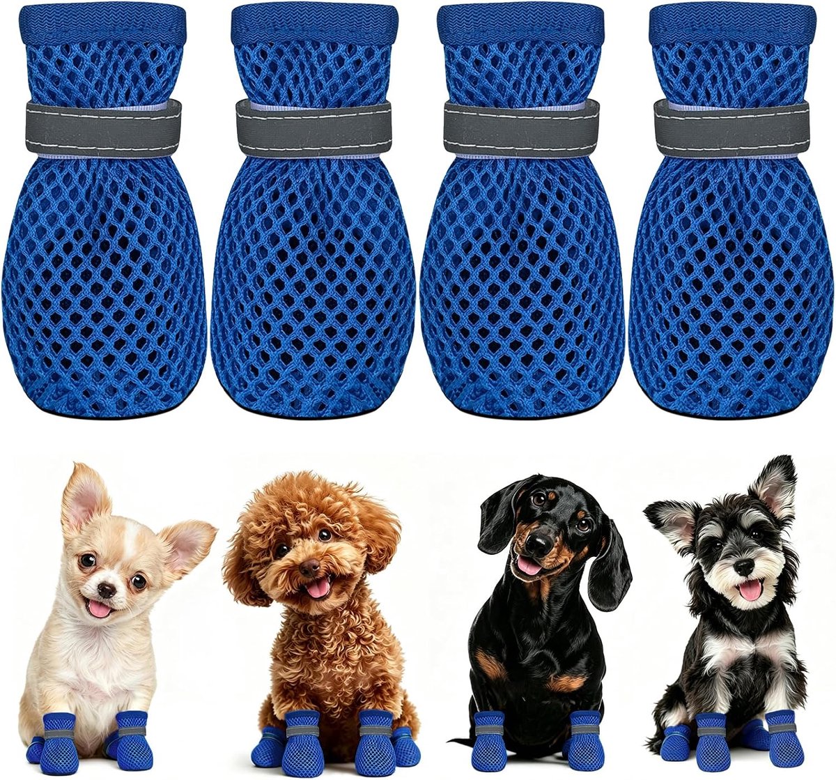Schoenen, zomer, kleine honden, 4 stuks, mesh schoenen voor honden, licht, ademend, antislip, hondenschoenen, outdoor, voor warme wegen, beschermt de hondenpoten (blauw, XL)