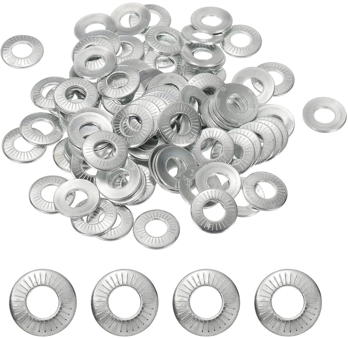 Platte sluitringen, M8 x 18 x 1,4 mm, 100 stuks staal 65 Mn, veerschijf, belleville, conisch gekarteld, metrische afdichting voor automobiel-, industriële en bouwtoepassingen (wit verzinkt)
