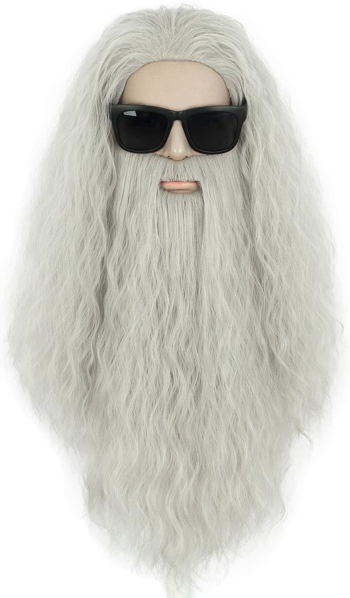 Lange krullende grijze pruik en baard voor volwassen mensen | Halloween Cosplay Kostuum Anime Pruik
