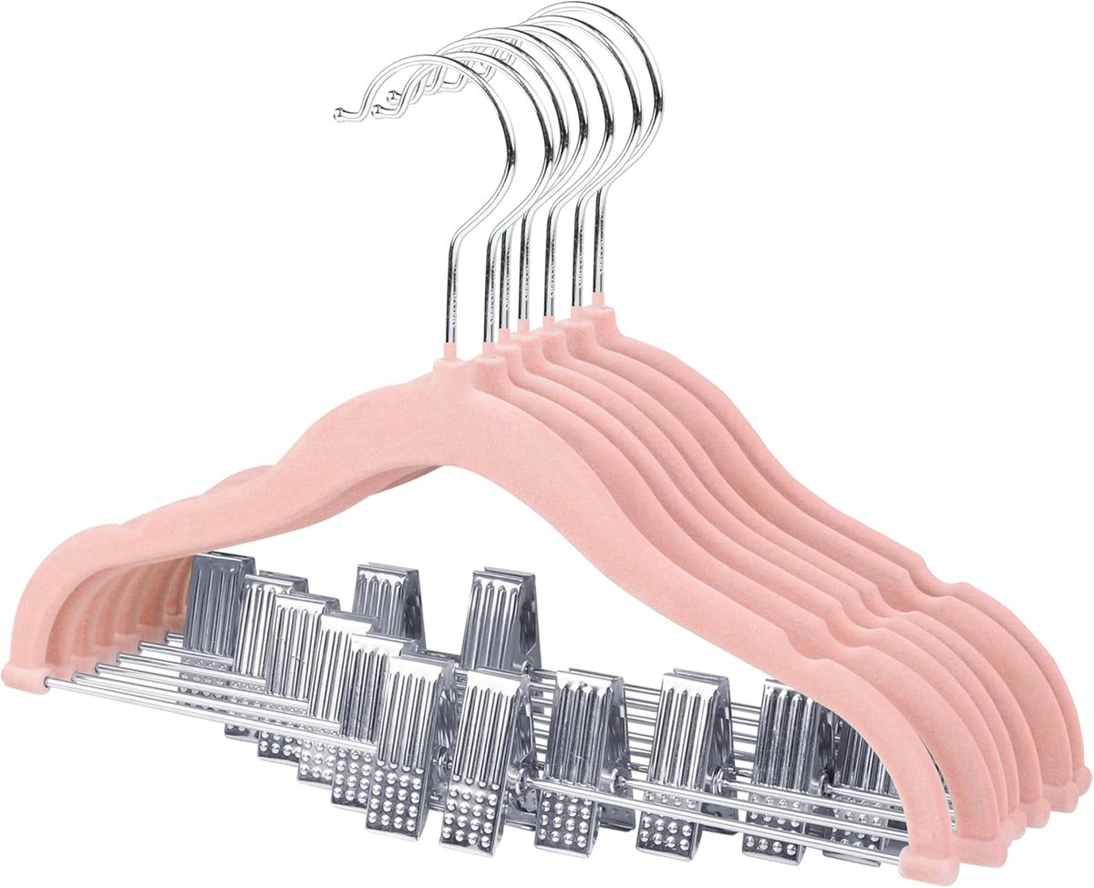 Fluwelen Babyhangers met Beweegbare Clips, 30 cm Antislip Kindervilthangers, Ultradunne Ruimtebesparende Kinderkledinghangers voor Rokken, Broeken, Jurken, Overhemden (7 Stuks, Roze)