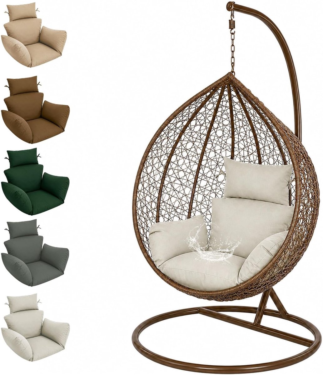 Kussen voor hangstoel, schommelstoel, outdoor, zacht, waterdicht, vervangingskussen, tuinkussen met hoofdsteun, voor rotan hangstoel, schommelstoelkussen, indoor zitkussen (lichtgrijs)