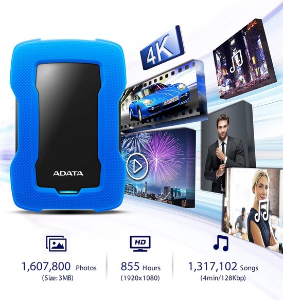Externe Harde Schijf - Opslagapparaat Data - Gegevens Veilig Opslaan - Schokbestendige Behuizing - 2 TB Capaciteit - Blauw — afbeelding 4