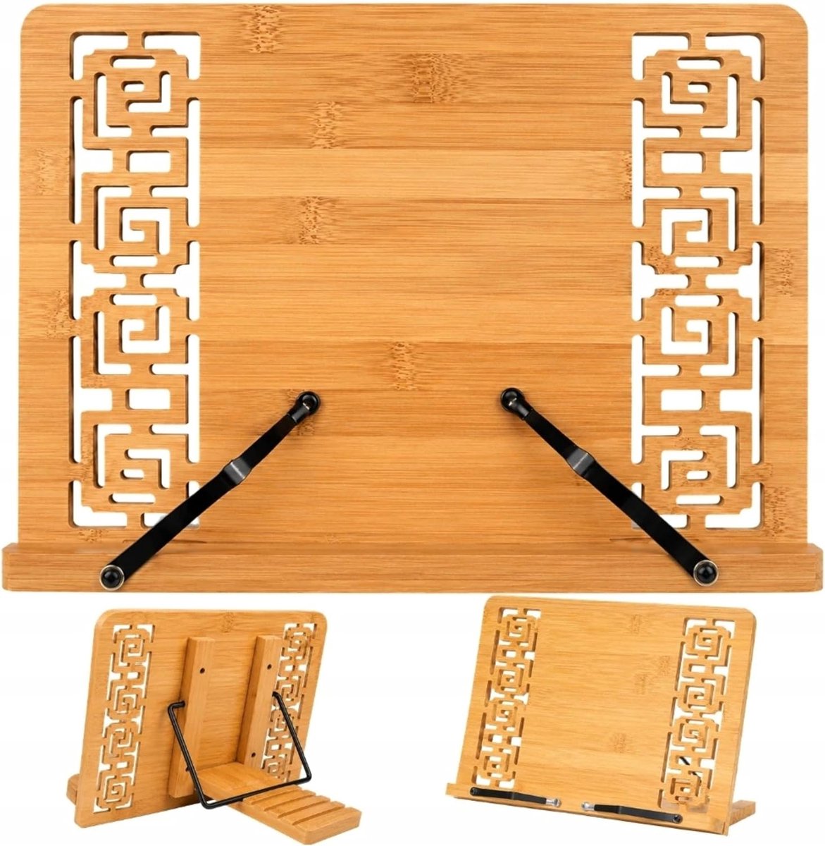 Darik Grote boekenstandaard van bamboe, verstelbaar, met metalen armen, 34 x 24,3 cm, voor kookboeken, tablets en notities, draagbaar en opvouwbaar, oosters design