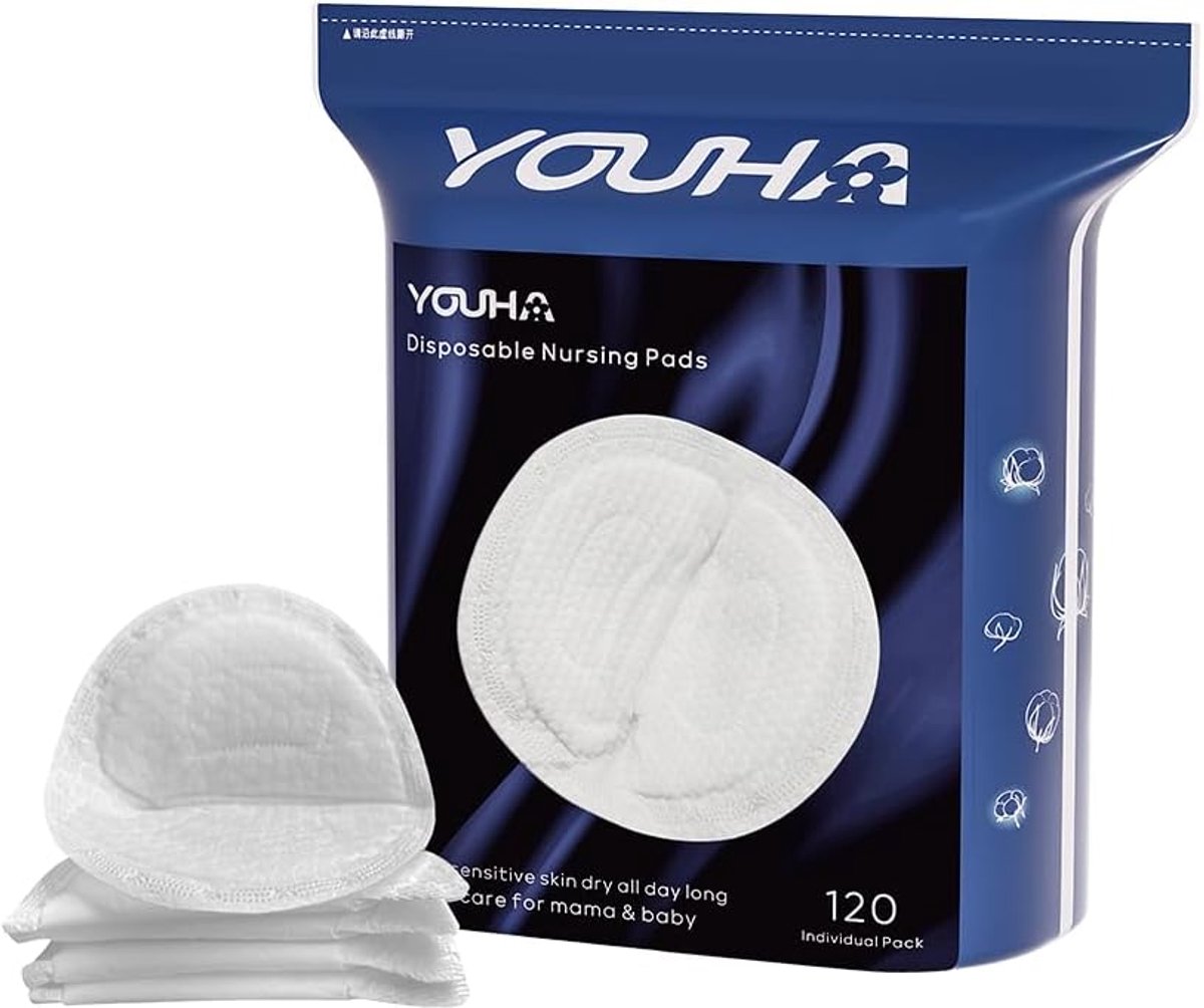 SnelShoppen - Youha Borstvoedingspads - Borstcompressen - Zeer absorberend - Huidvriendelijk - Inclusief hechtstrip - Ultra dun & super zacht - Ademen