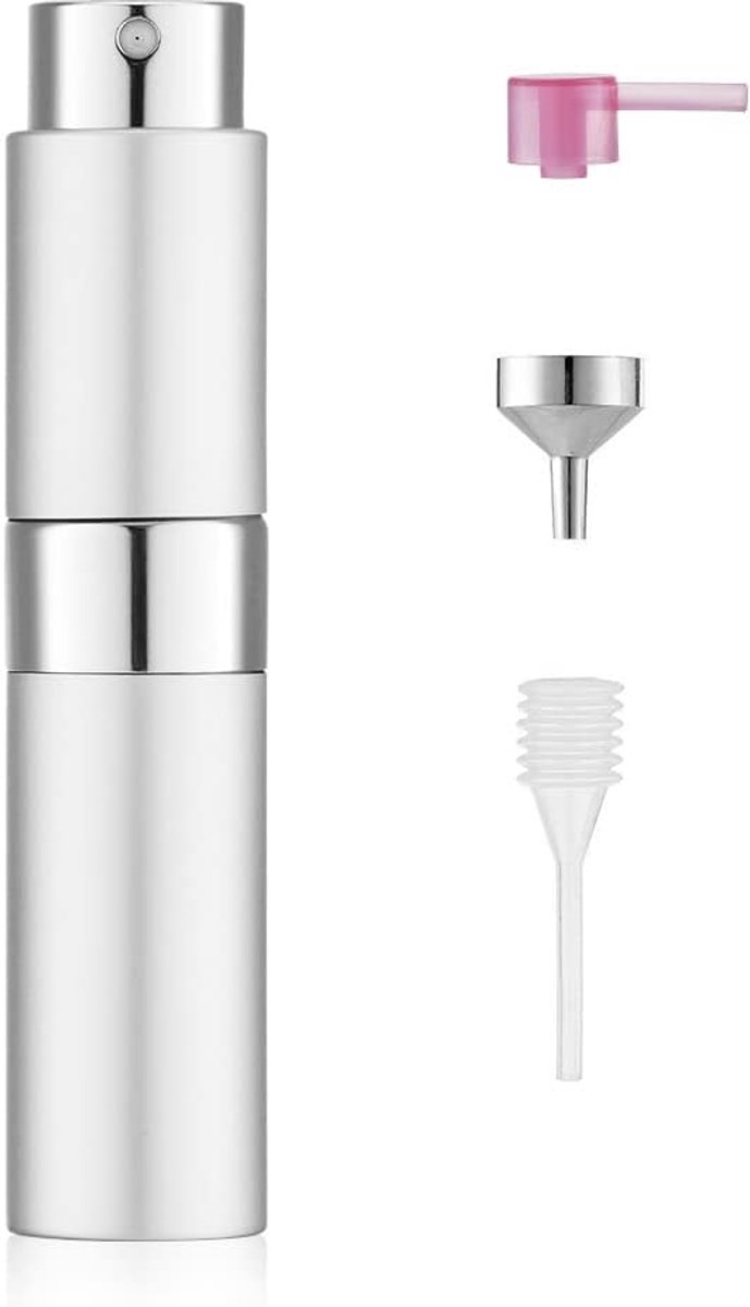 Parfum Verstuiver Navulbaar 8ml, Zilverkleurig Reis Parfumflesje met Aluminium Behuizing en Glazen Binnenfles, Mini Spray Bottle voor Parfum, Cologne, Handtas, Vakantie en Onderweg