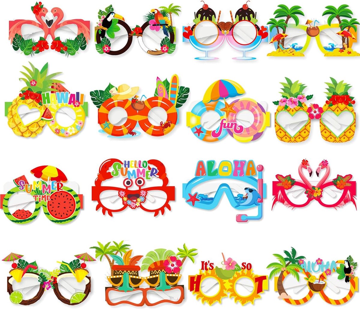 Brillen van papier, Hawaiiaanse fotobox accessoires en decoratie voor zomerfeest, carnaval, Halloween, voor kinderen en volwassenen