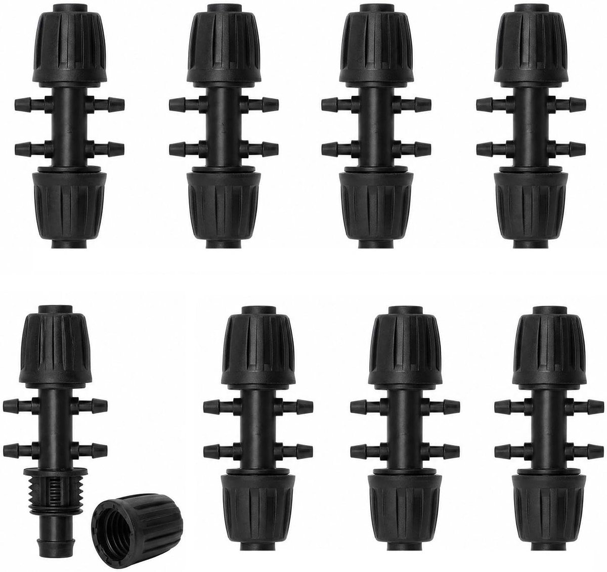 8 stuks 6-weg weerhaakse irrigatieverdeler, 16 mm naar 4/7 mm druppelslangverbinder, Micro Drip Reducer-connector met stop voor druppelirrigatie en tuinirrigatiesysteem