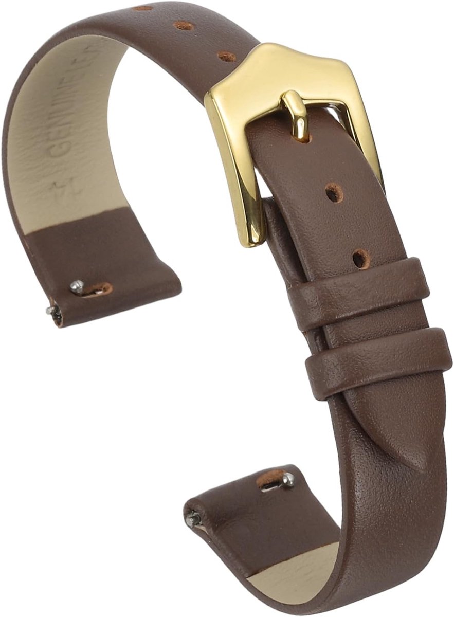 14 mm Bruine Echt Lederen Montuurarmband, Elegante Platte Slanke Snelsluiting Horlogeband Met Gouden Roestvrijstalen Gesp Voor Vrouwen