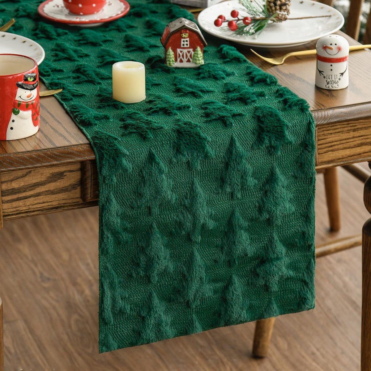 Mode Zachte pluche fluweel kunstbont look groen grenen boom Kerstmis tafelloper winter keuken tafel vakantie party decoratie 33 x 230 cm