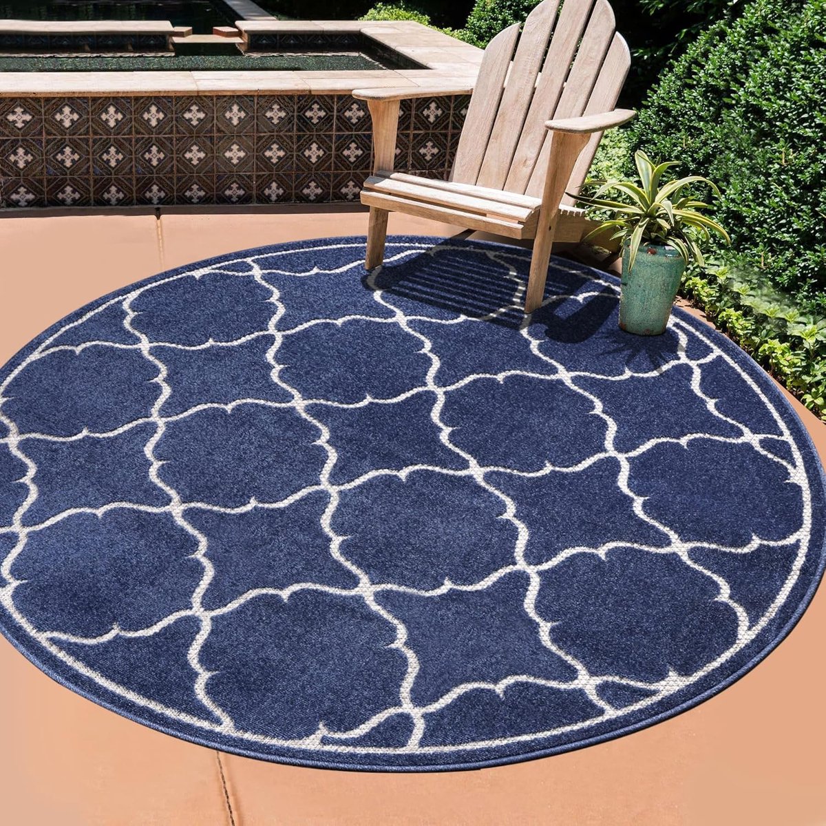 Outdoortapijt, weerbestendig, tapijt voor binnen en buiten, balkon, waterafstotend, vloerkleden voor terras, tuin, keuken, badkamer of woonkamer, blauw, 200 cm rond