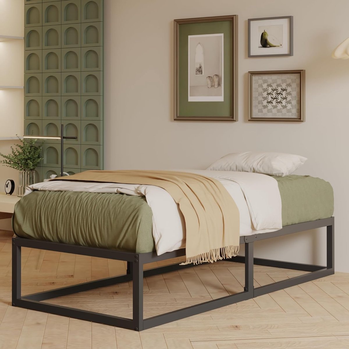 Bedframe 90 x 190 met stalen latten, Heavy Duty Metalen Platform 36 cm hoogmet ruime opbergruimte onder het bed, Structureel Stevig, Eenvoudige montage, Geluidsvrij, Zwart