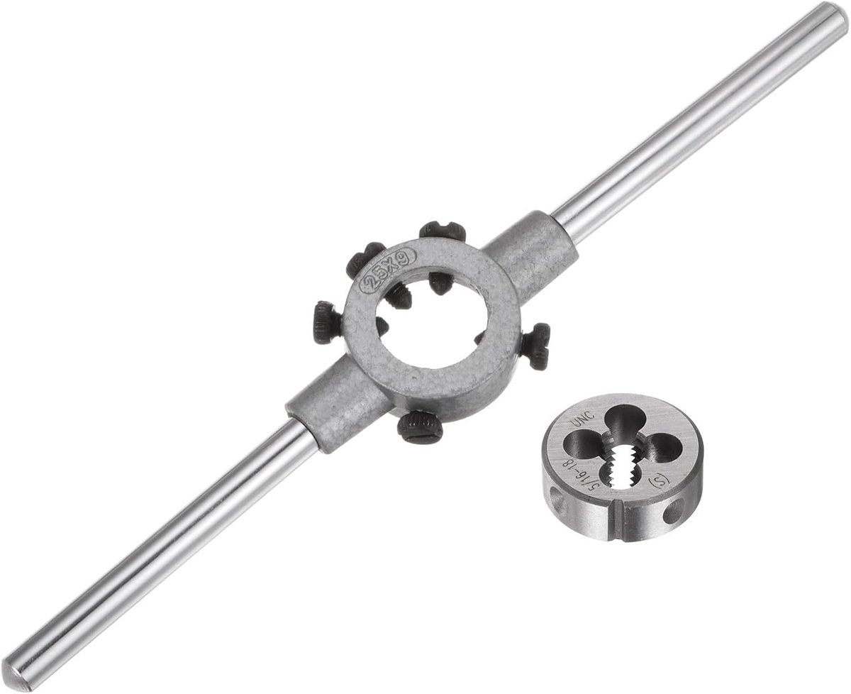 De stokgreepsleutelset, 5/16-18 UNC rond snijijzer en 25 mm snijijzerhouder (geschikt voor 5/16 inch (UNC/UNF) / metrisch M7-M9 / 25 mm buitendiameter snijijzer)