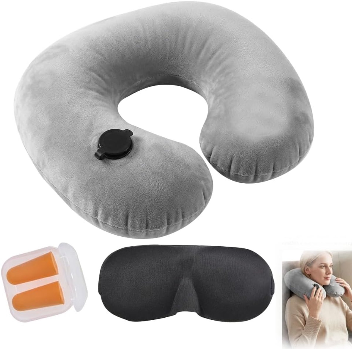 Reiskussen, opblaasbaar, kussen, vliegtuig, ergonomisch, neksteun, fluweel, zacht, behaaglijk, wasbaar, comfort, slaapmasker, ondoorzichtig, oordoppen, ultralicht, set van 3 stuks