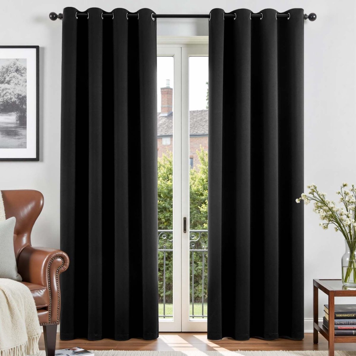 Gordijnen, ondoorzichtig, zwart, met inslagringen, H 220 x 140 cm (h x b), set van 2, verduisteringsgordijn, slaapkamer, verduisteringsgordijnen, modern gordijn met inslagringen, kinderkamer
