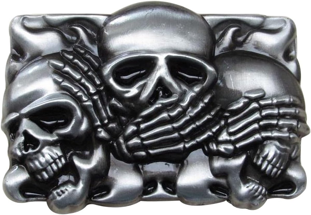 Skelet schedel riemgesp van roestvrij staal., Grijs, 9 x 5,5 cm