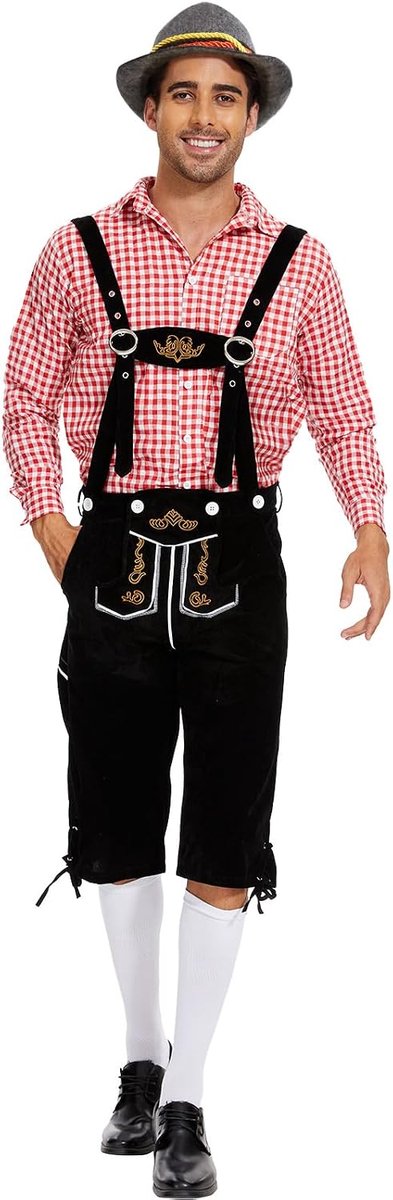 Oktoberfest-outfit voor heren, Duitse Beierse Oktoberfest-kostuum, set met afneembare slabbetjesdrager, geruite overhemden, kniesokken en Beierse vilten hoeden, rood, XXL