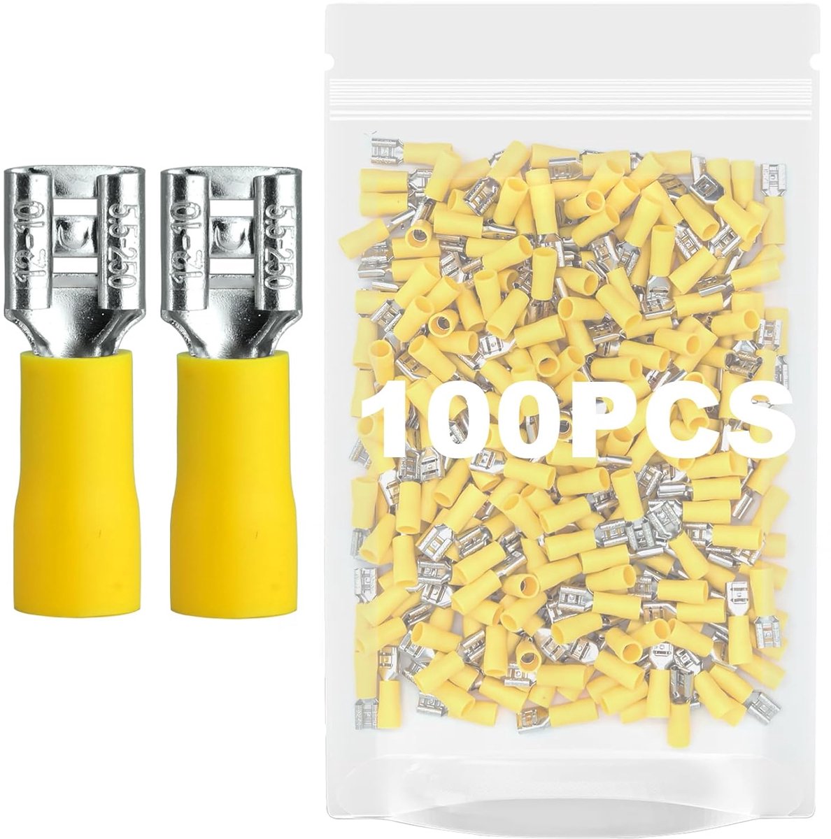 Steekhulzen, steekbreedte 6,35 x 0,8 mm, platte stekker, deels geïsoleerde kabelconnector van koper, vertind FDD (100, 4,0-6,0 mm² (breedte 6,35 mm geel))