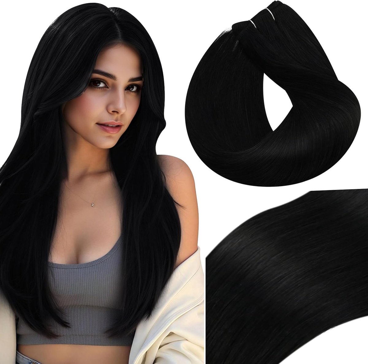 Zwart Sew in Hair Extensions Echt Menselijk Haar 45 cm Zwart Weft Hair Extensions Remy Double Weft 100g #1