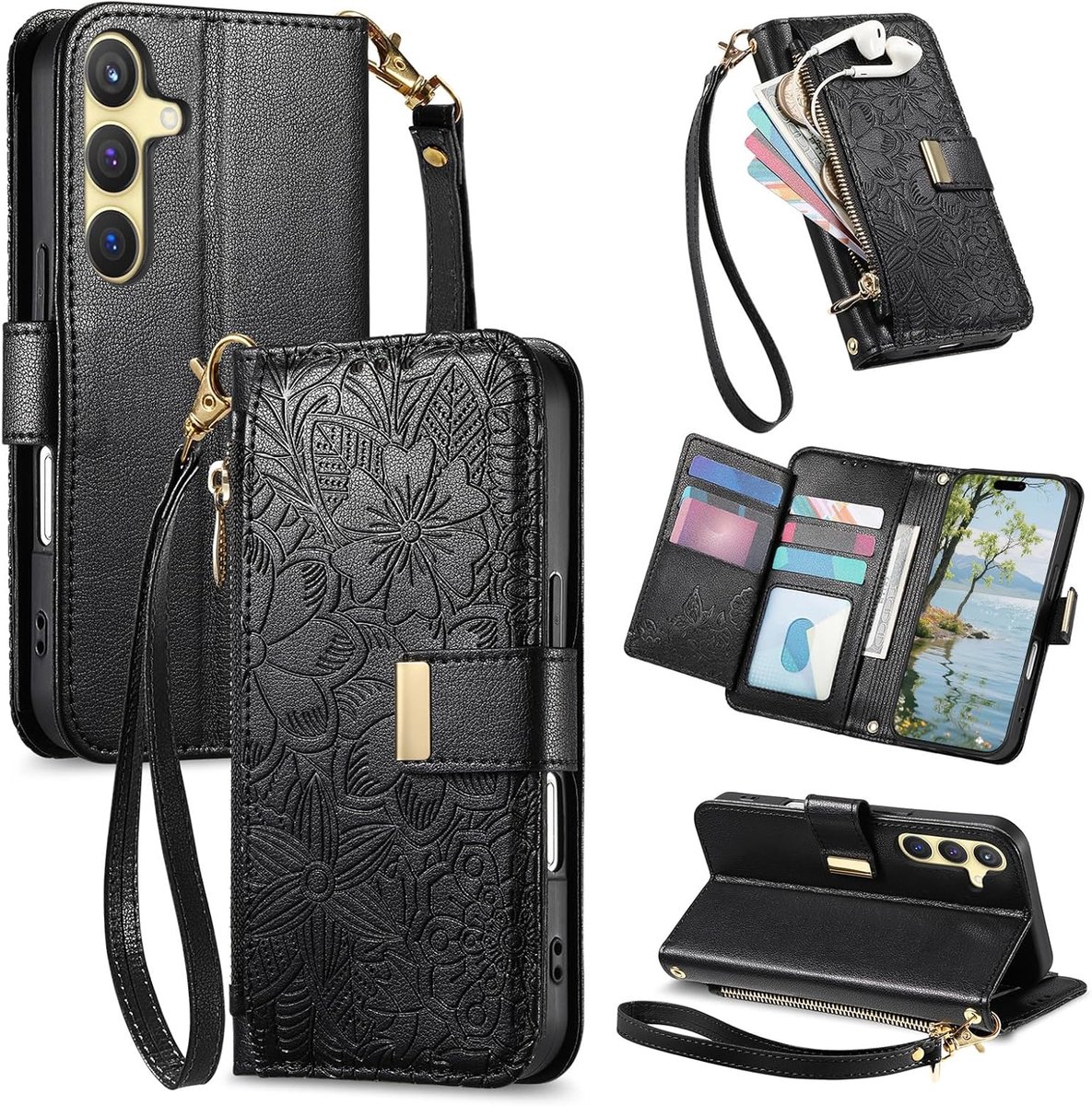 Telefoonhoesje voor Samsung Galaxy S24, PU-lederen opvouwbare standaardfunctie, magnetisch klaphoesje met kaartzak en rits, portemonneehoesje met patroon - zwart