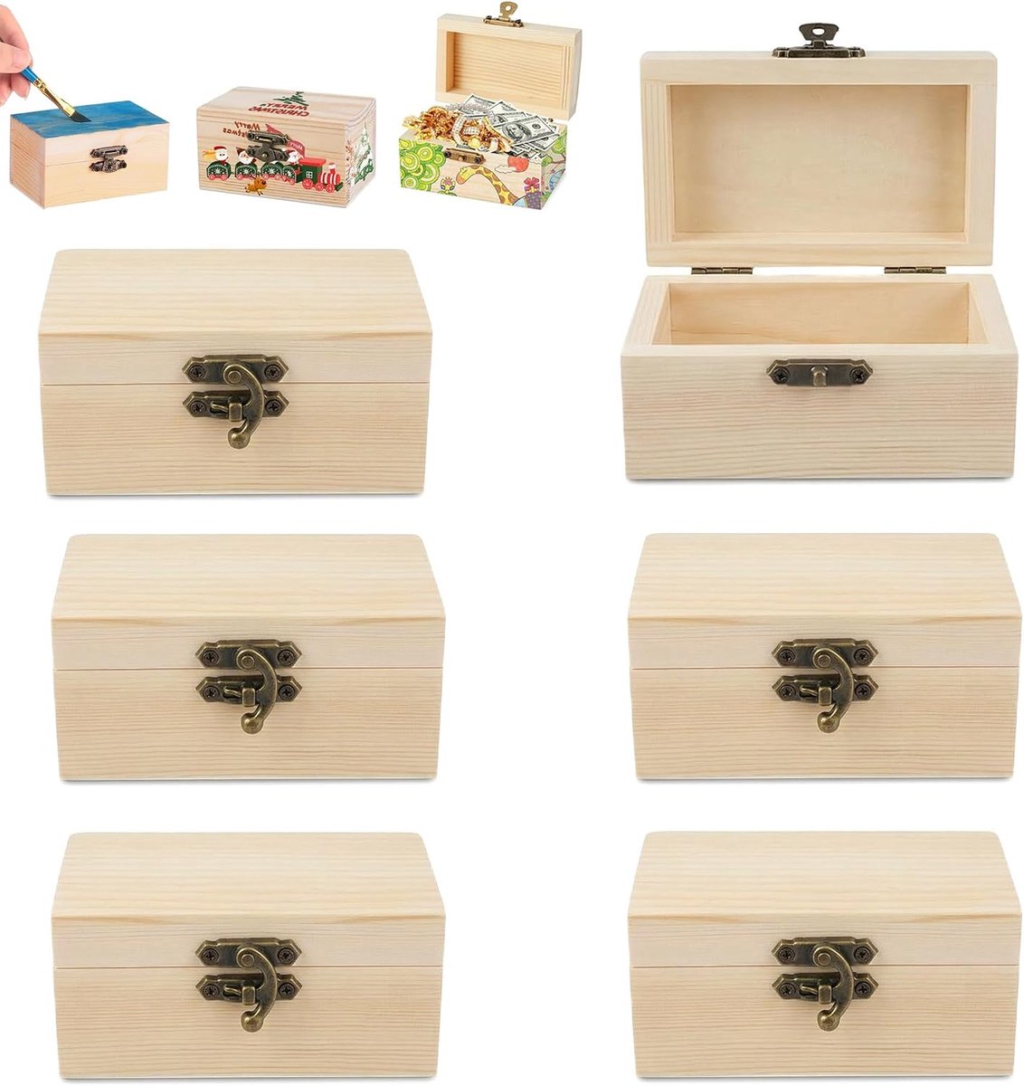 kist klein met deksel, 6 stuks mini-schatkist van hout, 9 x 5,5 x 5 cm, om te beschilderen en te knutselen