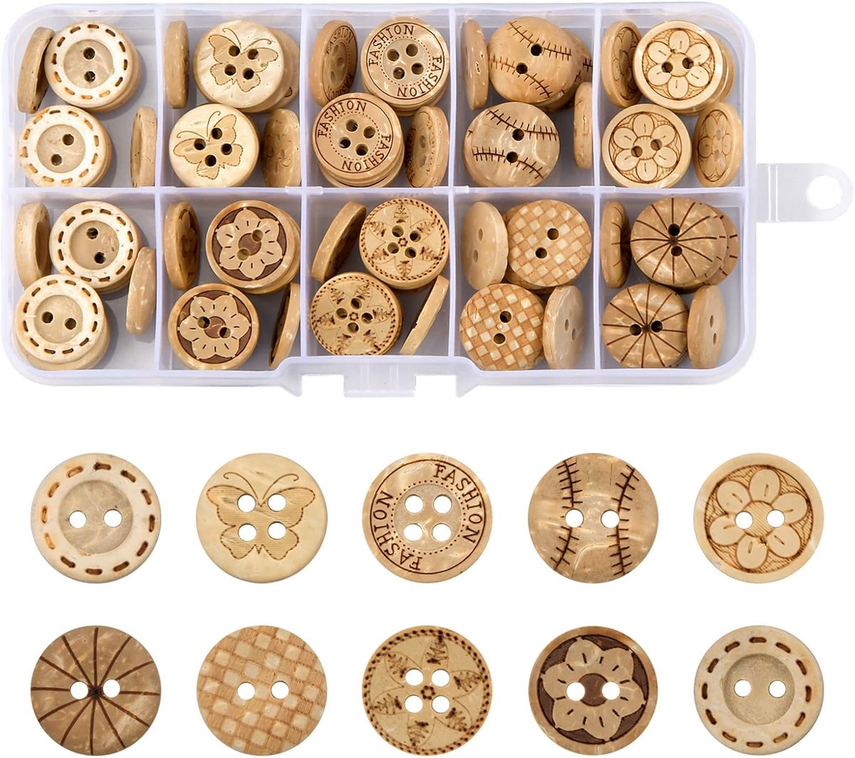 100 stuks decoratief, natuurlijke houten en kokosnootknopen, rond, om te naaien, handgemaakt, verschillende stijlen (No2 kokosnoot), 15 mm